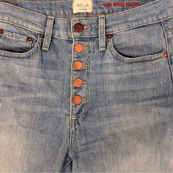 Alice + Olivia AO.LA Good highrise exposed button lightwash distressed jeans, 27 - Picture 6 of 15